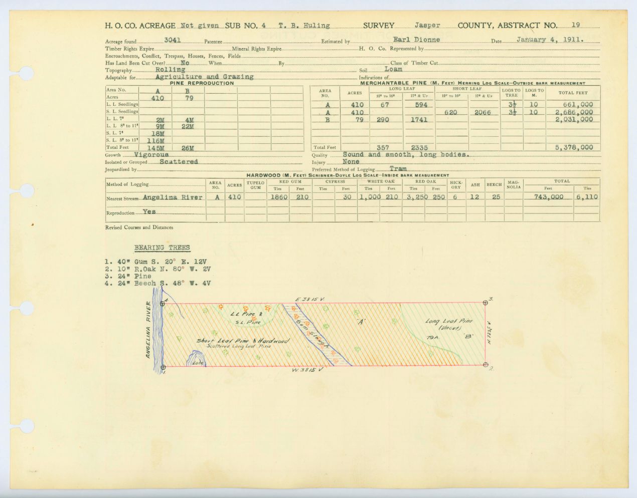 0017 Abstract 19, Huling 4 Survey, front and back, Jasper County