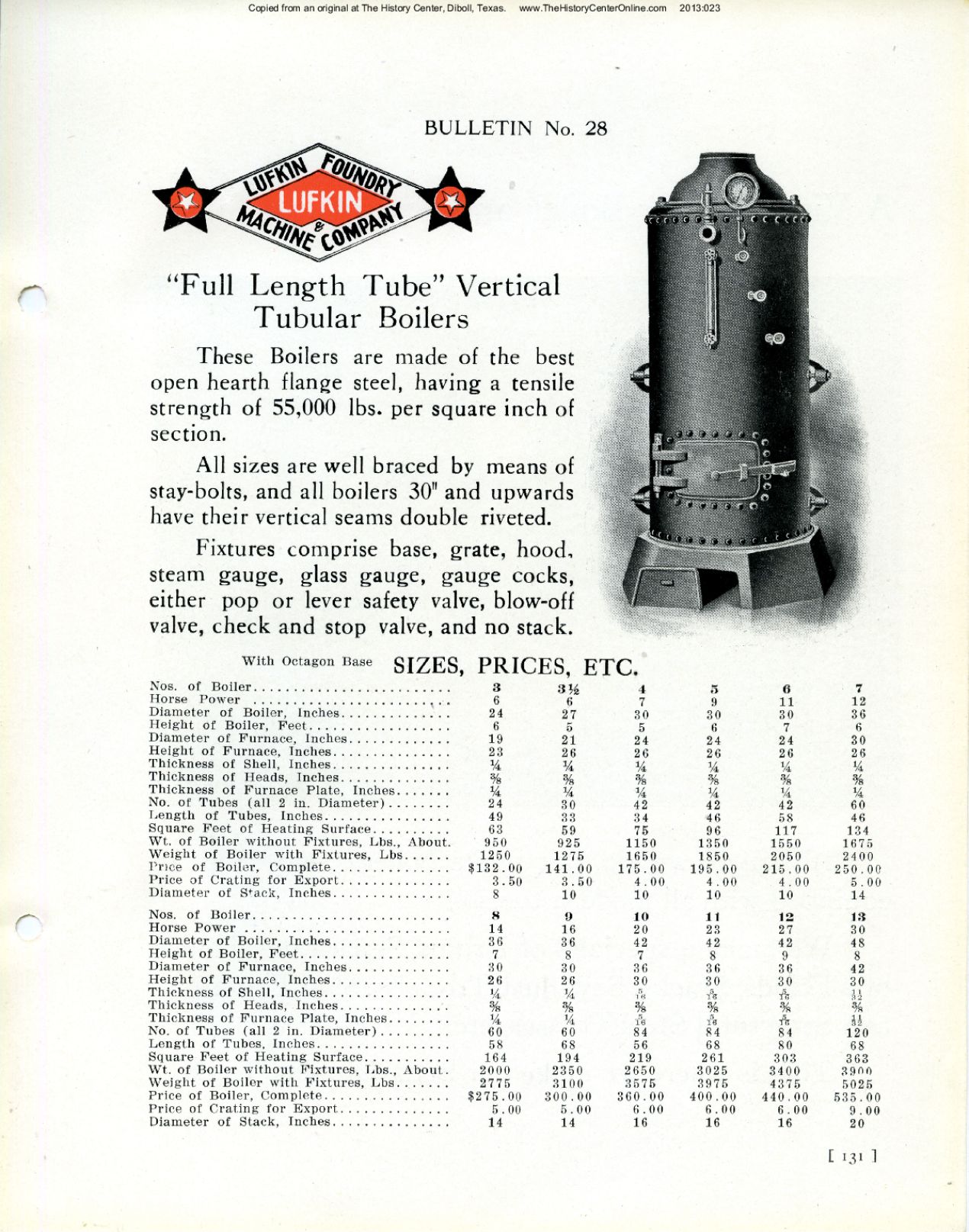 28 Bulletin 28, Full Length Tube Vertical Tubular Boilers