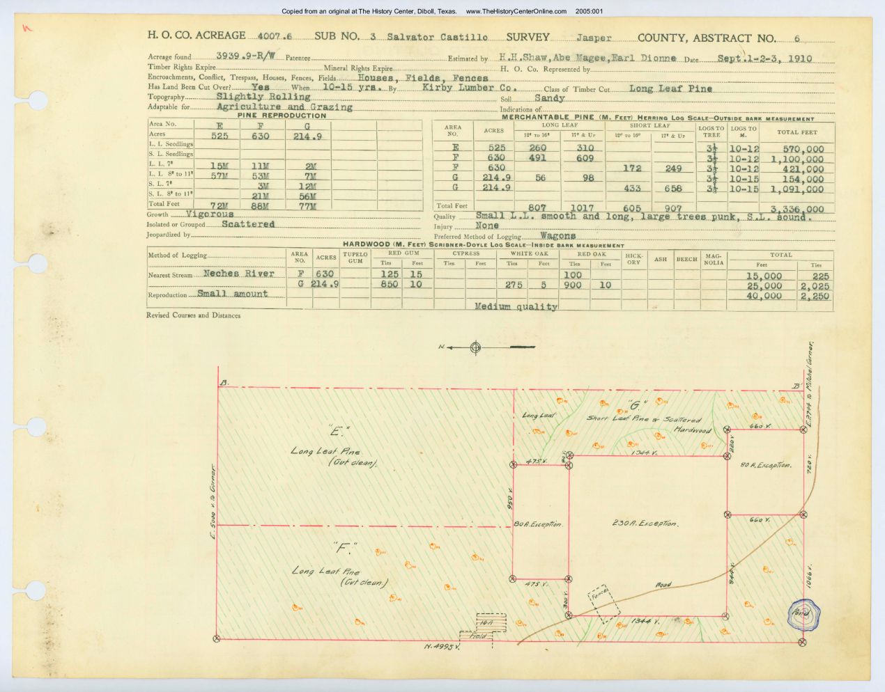 0007 Abstract 6, Castillo 3 Survey, front and back, Jasper County