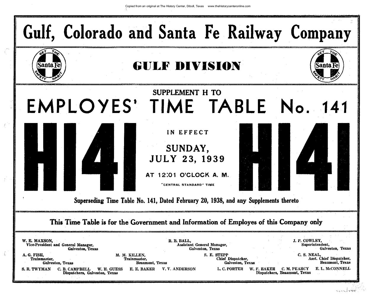Gulf, Colorado and Santa Fe Time Table, 1939
