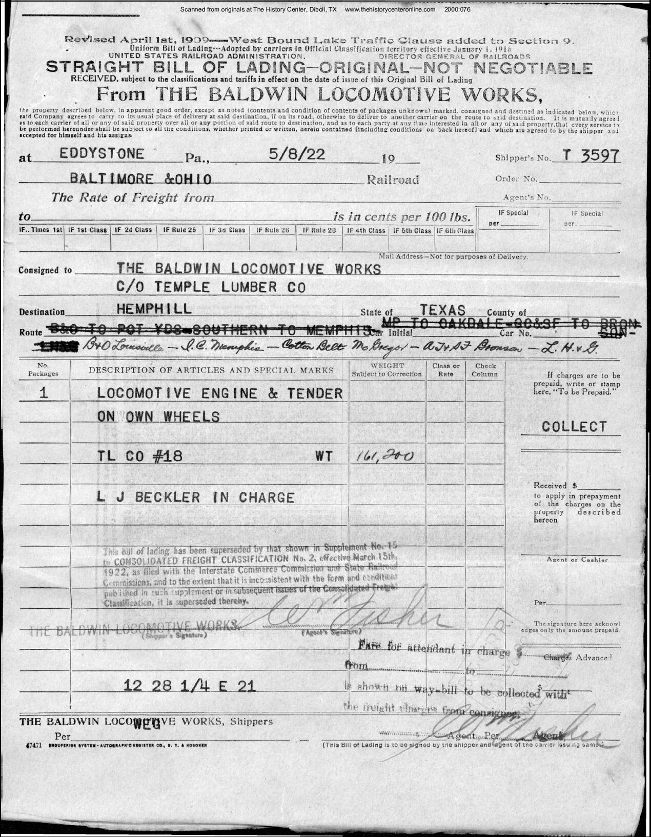 Correspondence on the Purchase of Locomotive 18, 1922, 1924