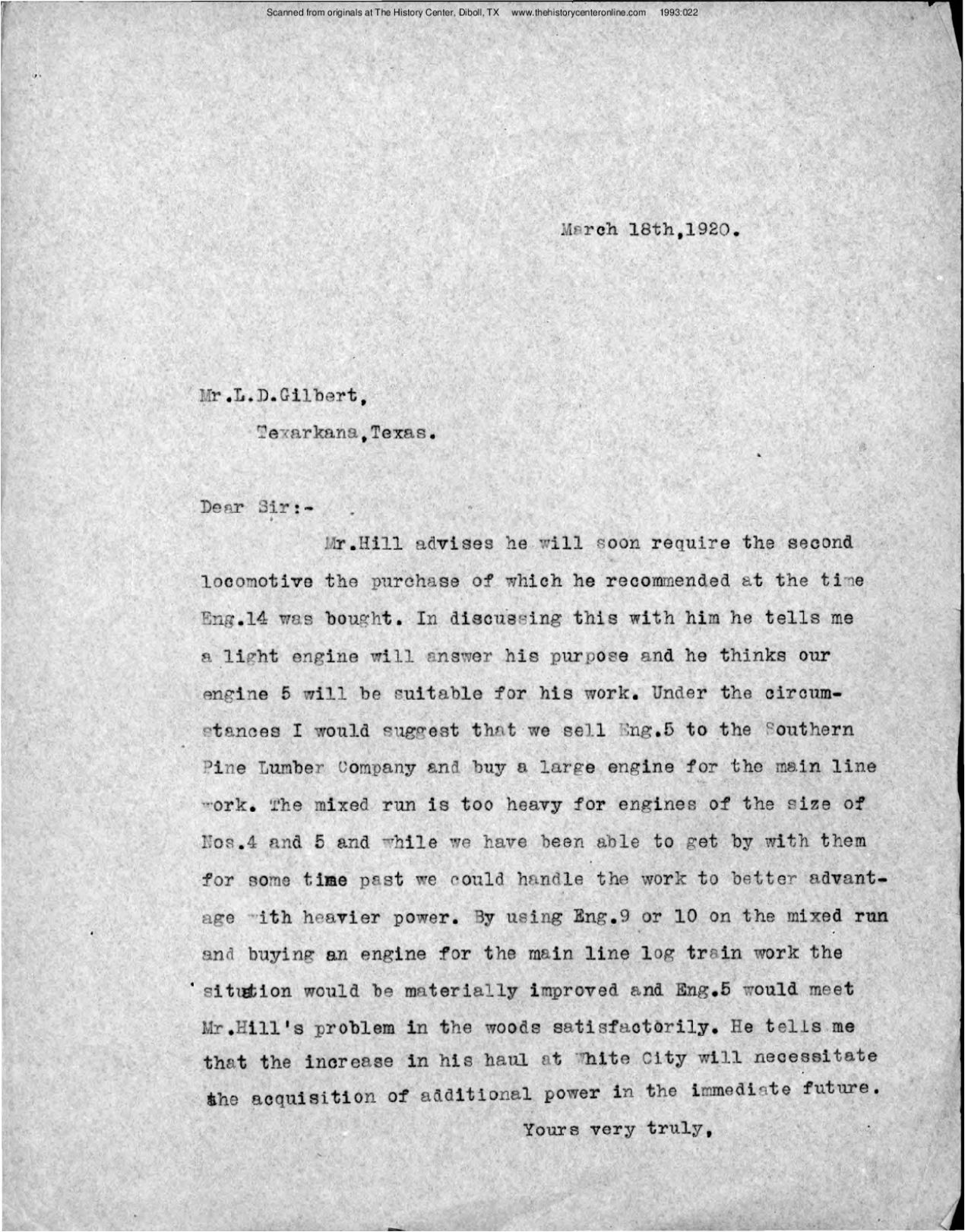 Correspondence on the Purchase of Engine 13, 1920