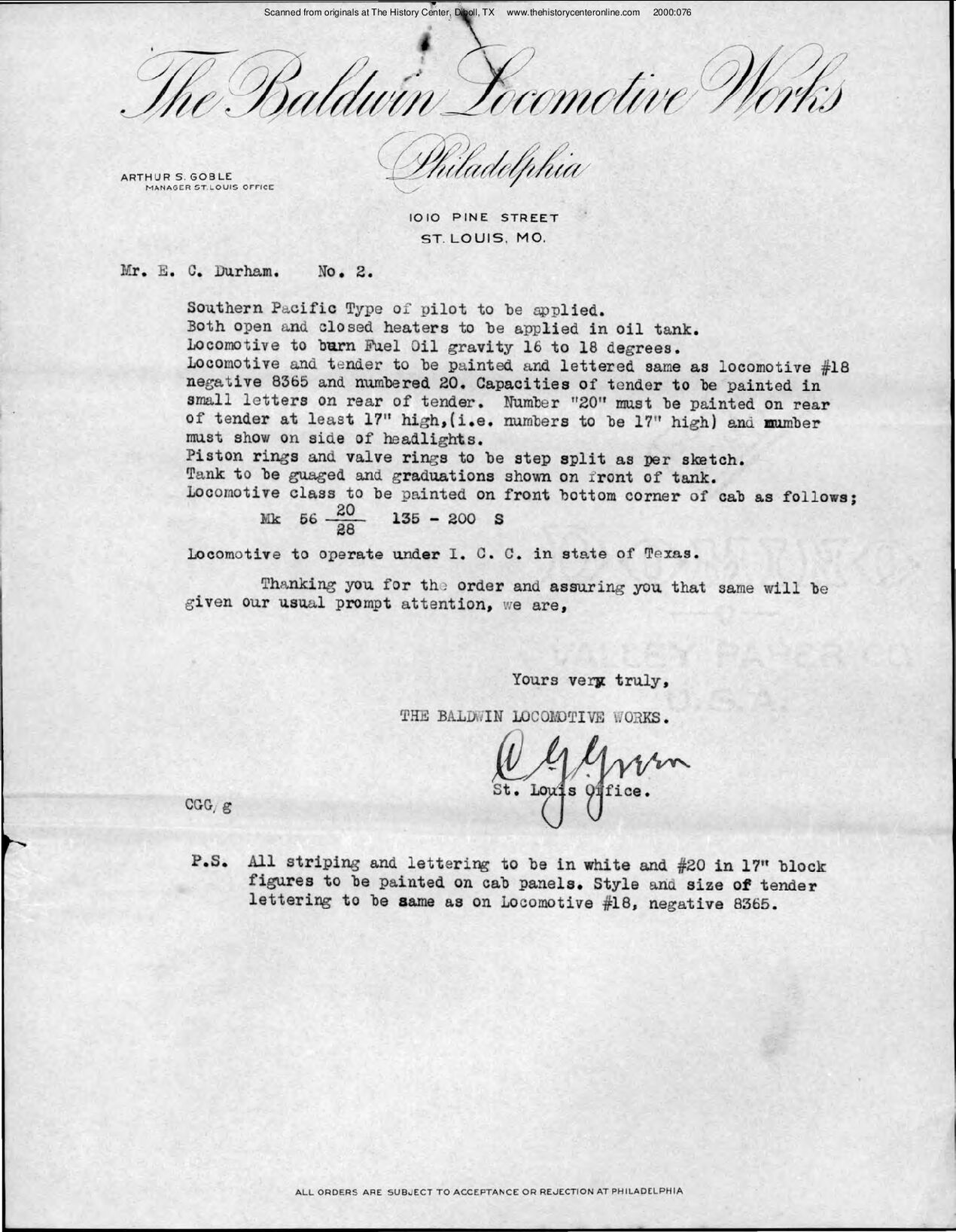 Correspondence on the Purchase of Locomotive 20, 1929-1930