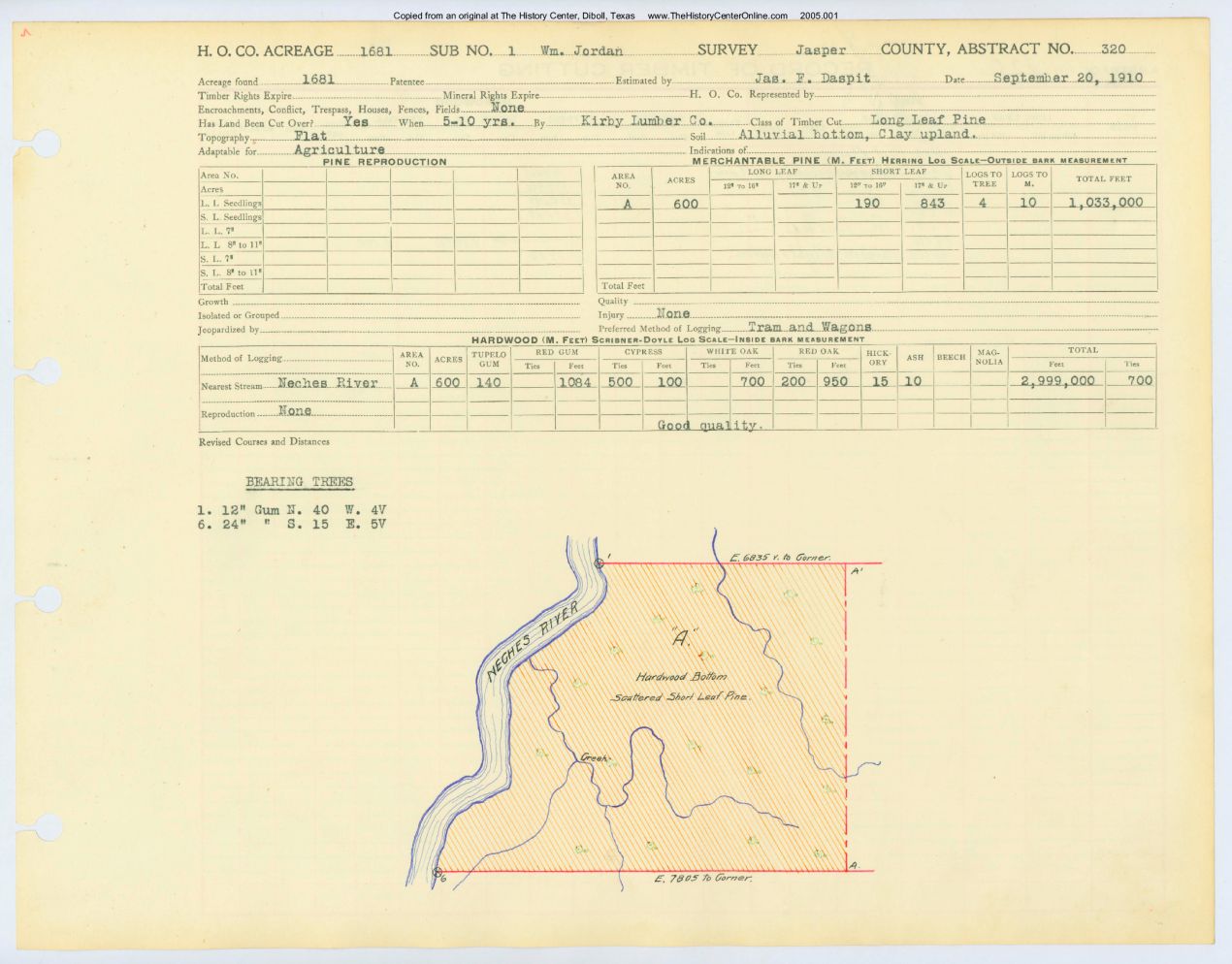 0196 Abstract 320, Jordan 1 Survey, front and back, Jasper County