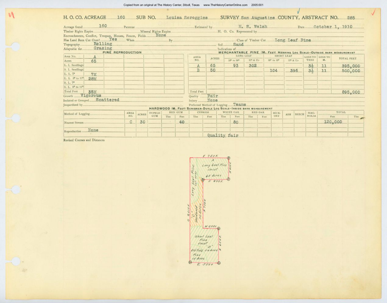 030 Abstract 285, Scroggins Survey, front and back, San Augustine County