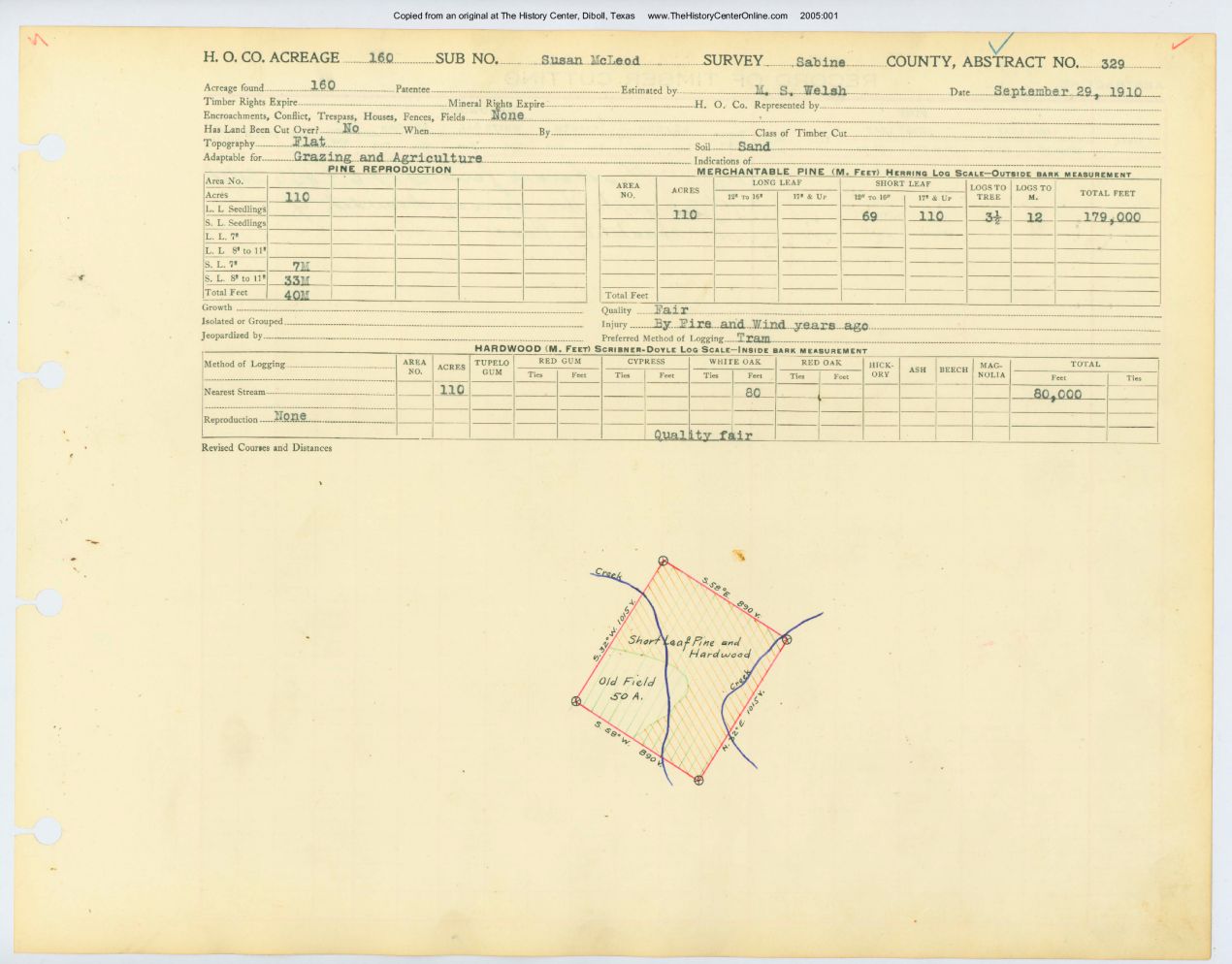 0054 Abstract 329, McLeod Survey, front and back, Sabine County
