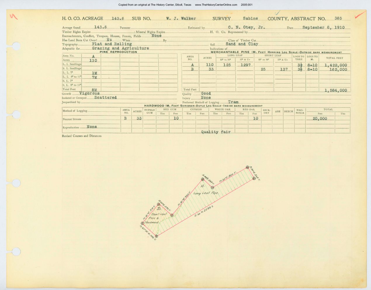 0075 Abstract 385, Walker Survey, front and back, Sabine County