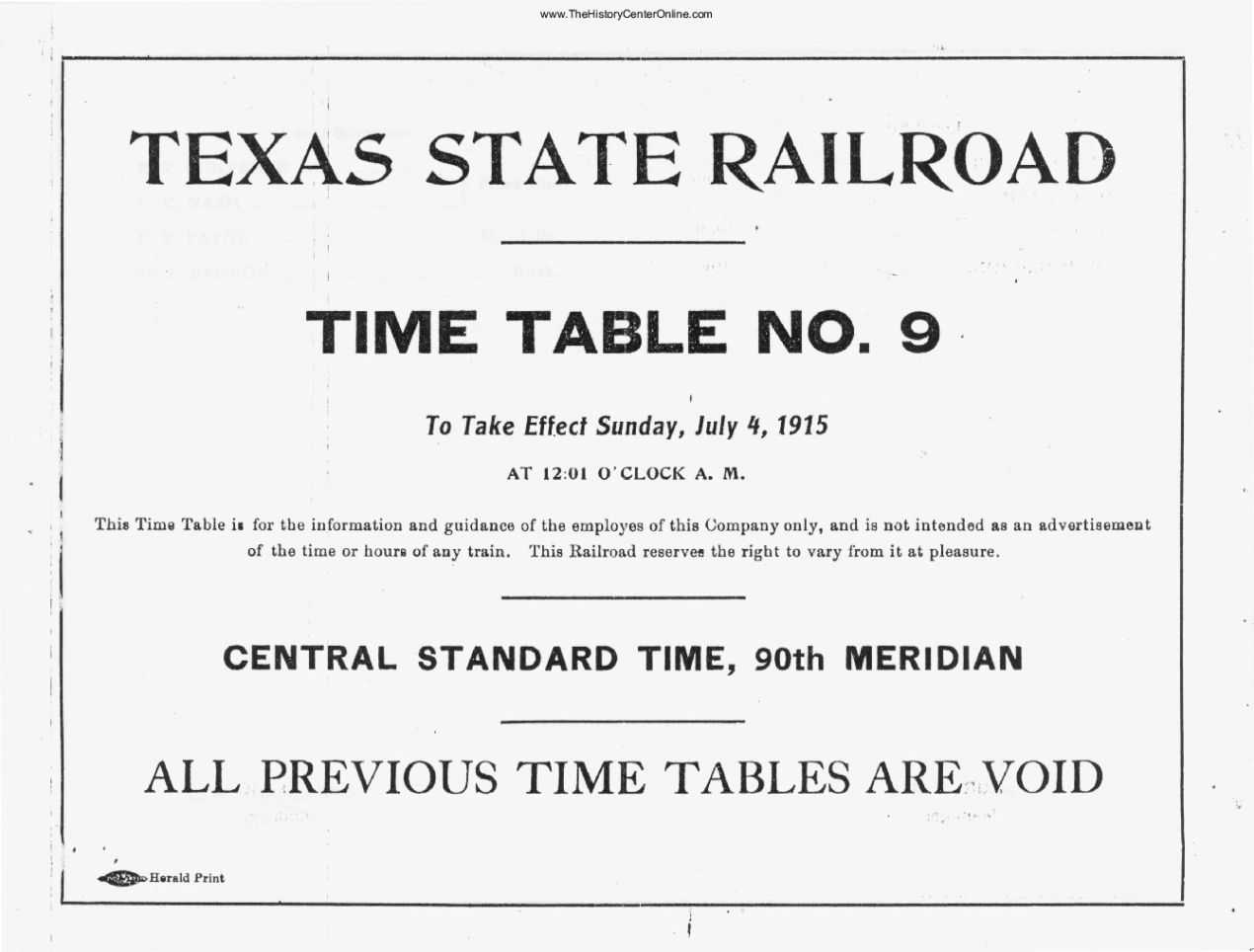 Texas State Railroad Time Table 9, July 4, 1915