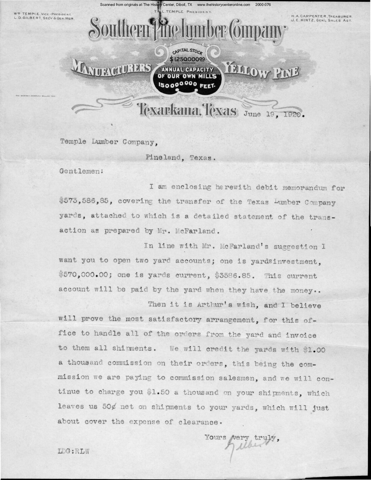 Sale of Texas Lumber Company to Temple Lumber Company, 1920