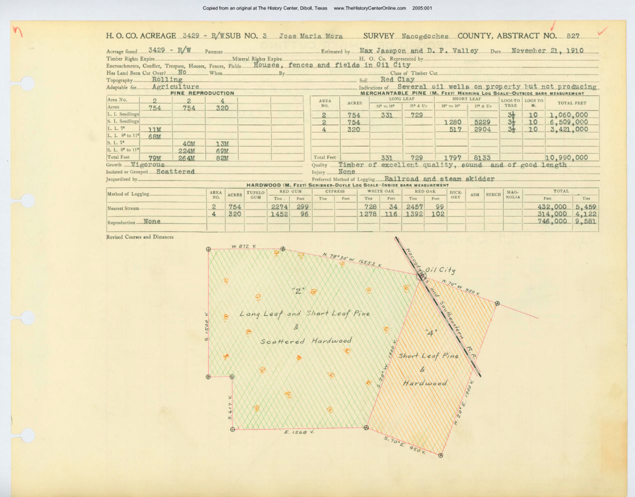 003 Abstract 827, Mora Survey 3, front and back, Nacogdoches County