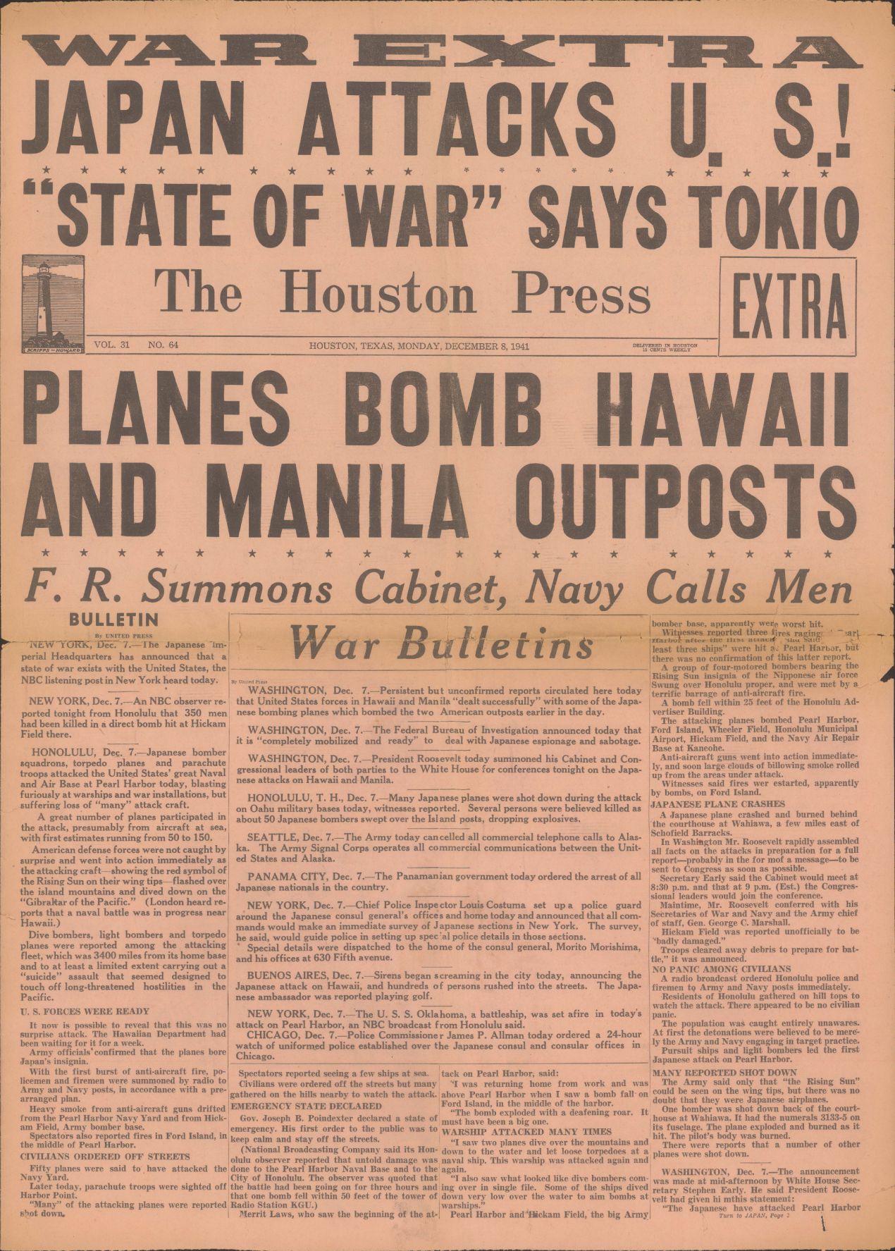 1941, War Extra Japan Attacks US, Pearl Harbor, The Houston Press, Volume 31, Number 64, December 8