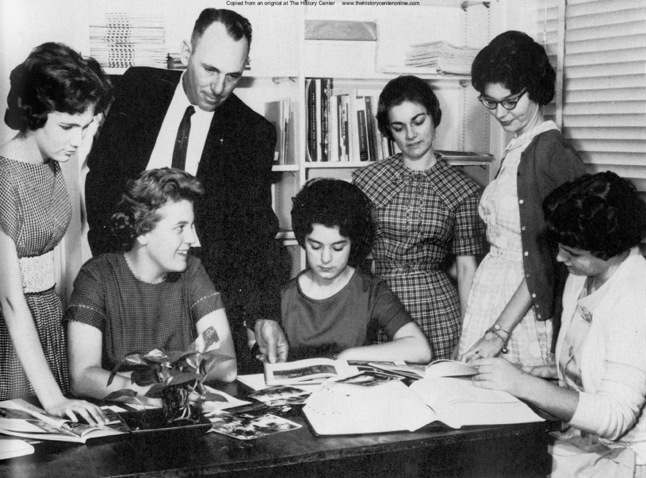 1962, Robert Ramsey with Lumberjack yearbook staff, Diboll High School