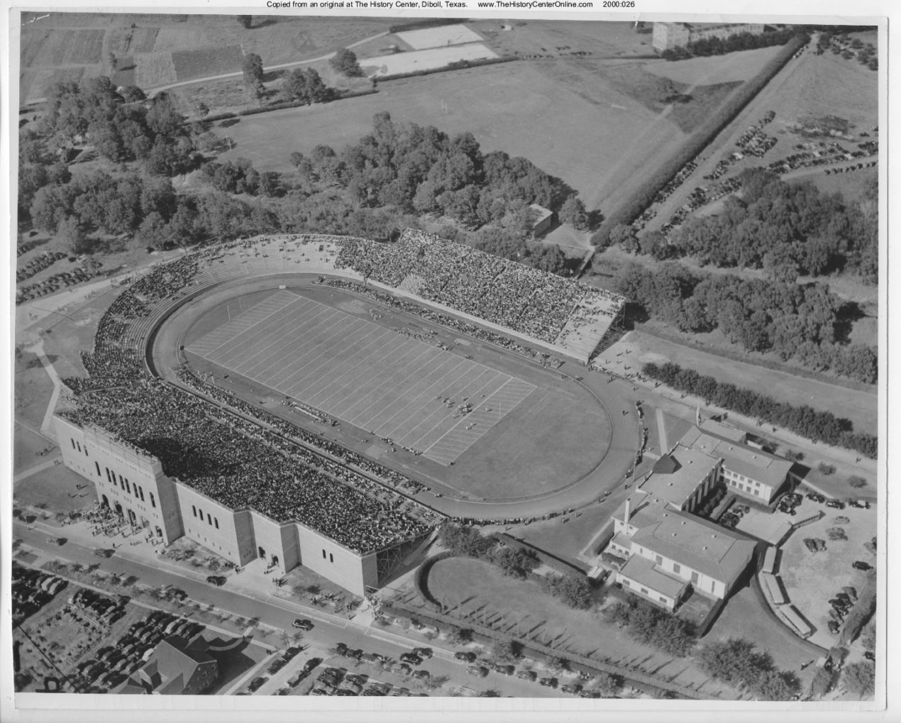 1940s, Aerial photograph of unknown football stadium, by Paul Peters, ca