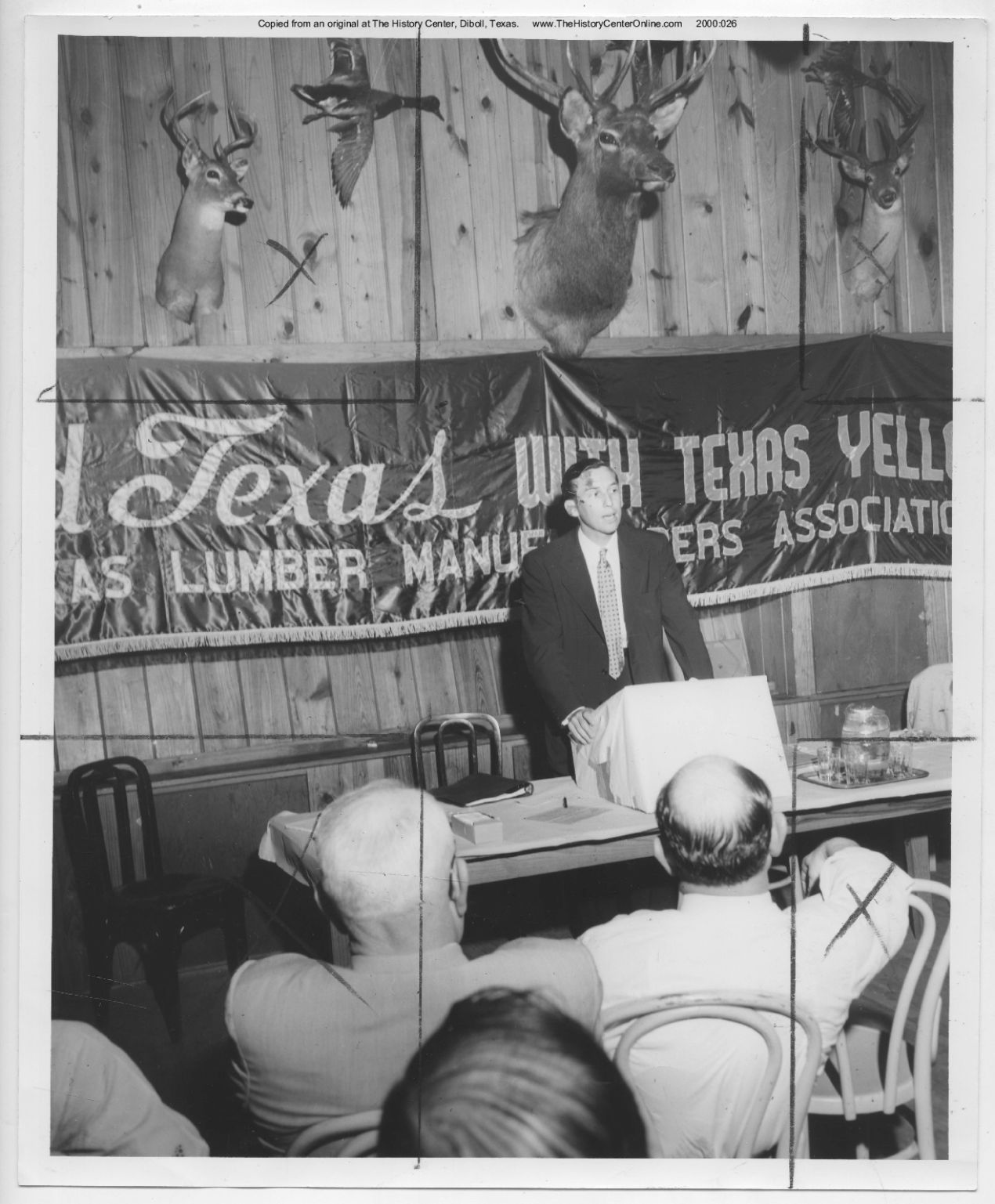 1953, Congressman Lloyd Bentsen speaking at Texas Lumber Manufacturers' Association meeting held at Boggy Slough, May 16