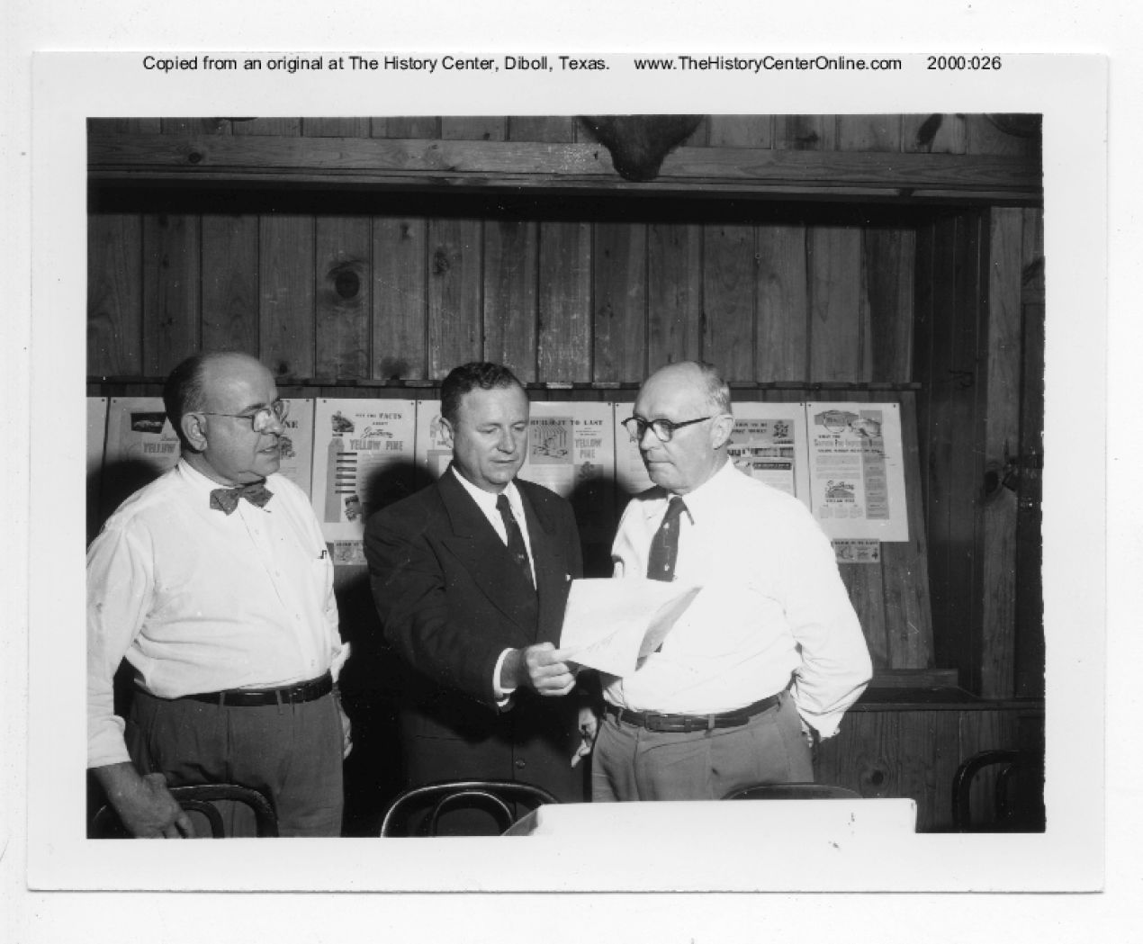 1954, Ad Cudlipp, Senator Price Daniel and Clyde Thompson at a Texas Lumber Manufacturers' Association meeting at Boggy Slough, Sept. 15