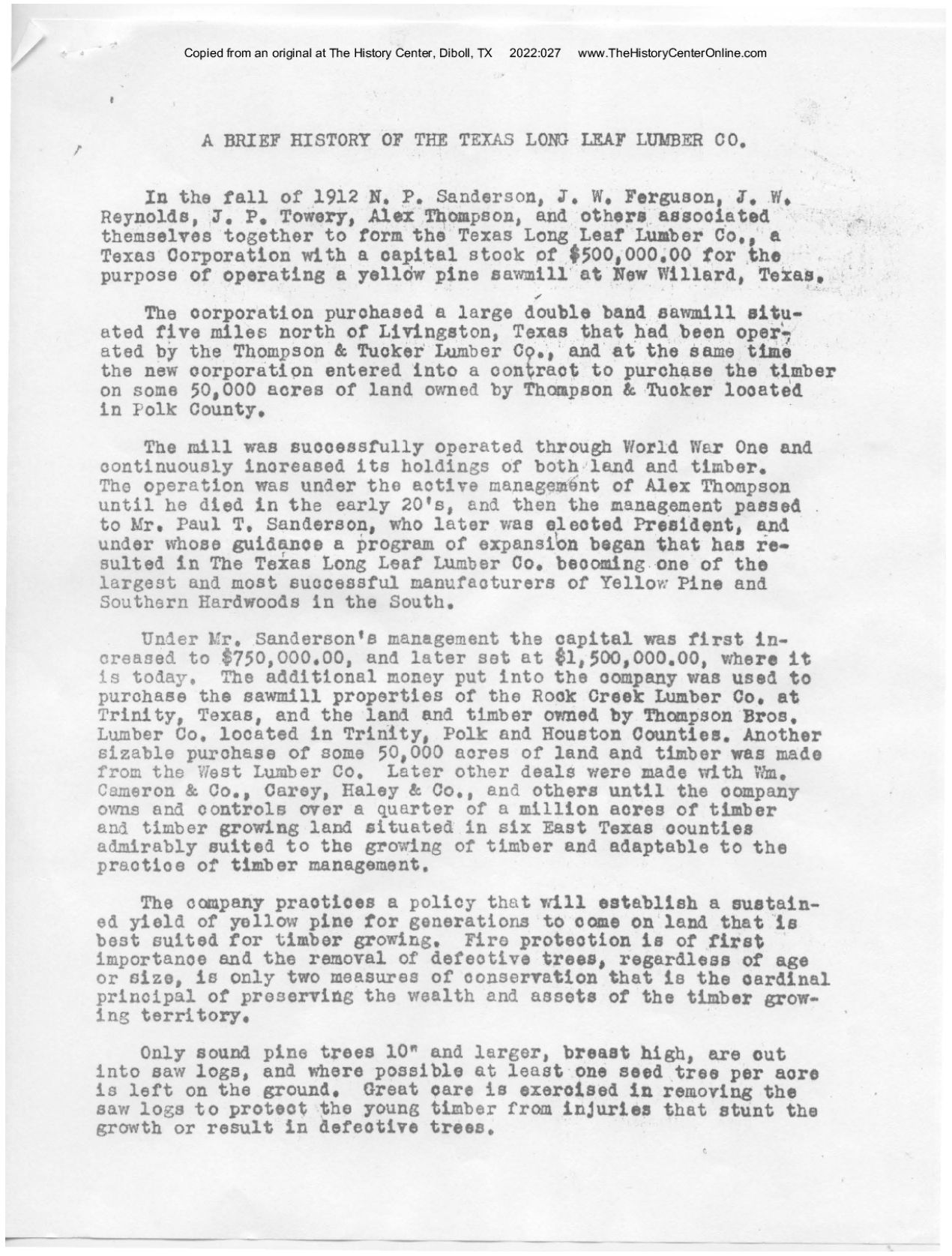 1944, A Brief History of the Texas Long Leaf Lumber Co.