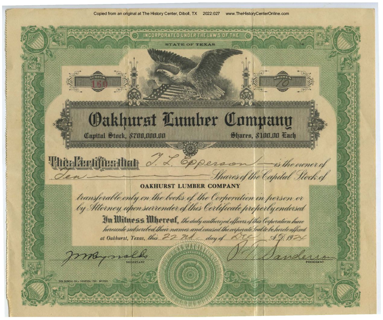 1924, T. L. Epperson Stock Certificate, Oakhurst Lumber Company, December 22