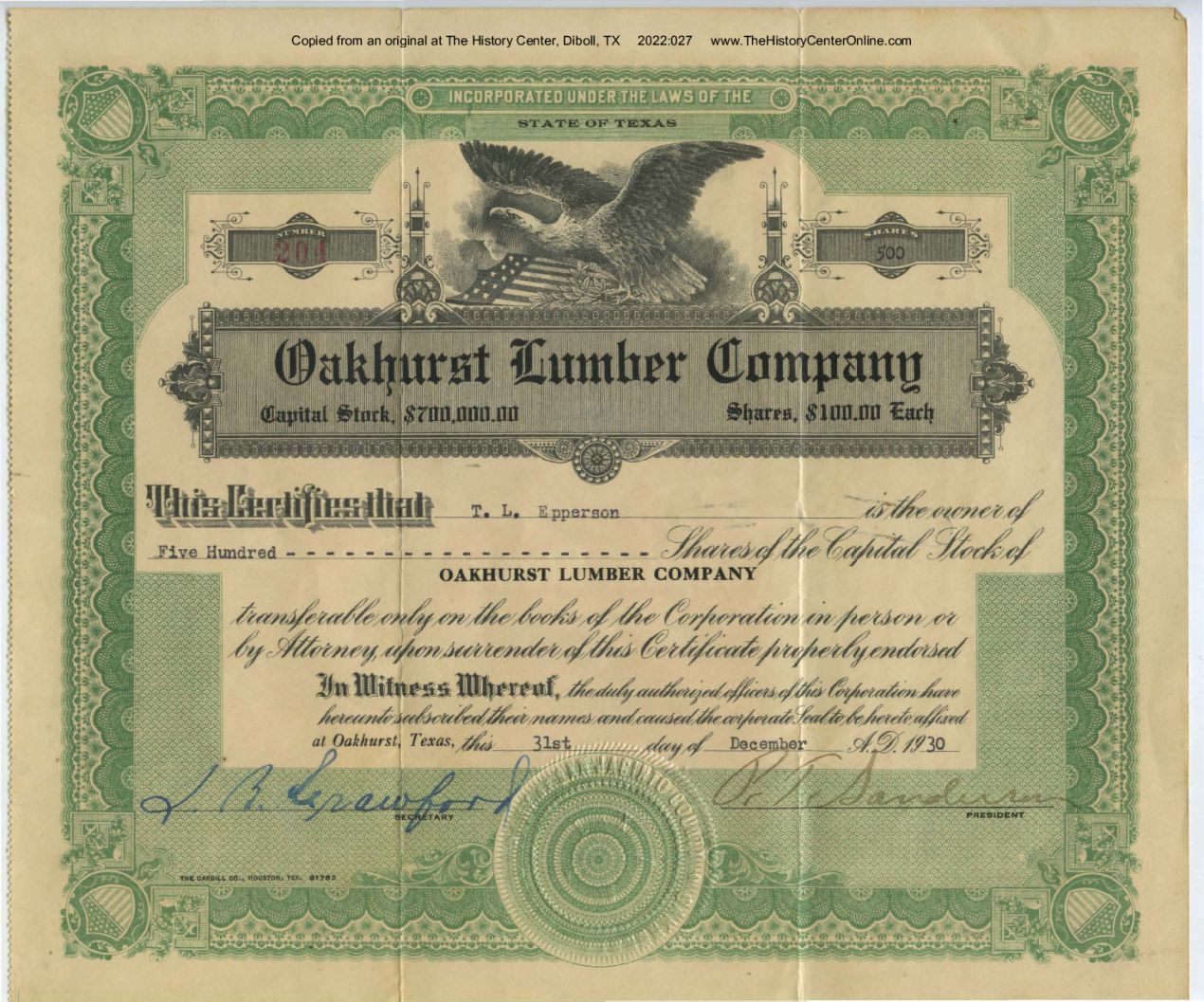 1930, T. L. Epperson Stock Certificate, Oakhurst Lumber Company, December 31