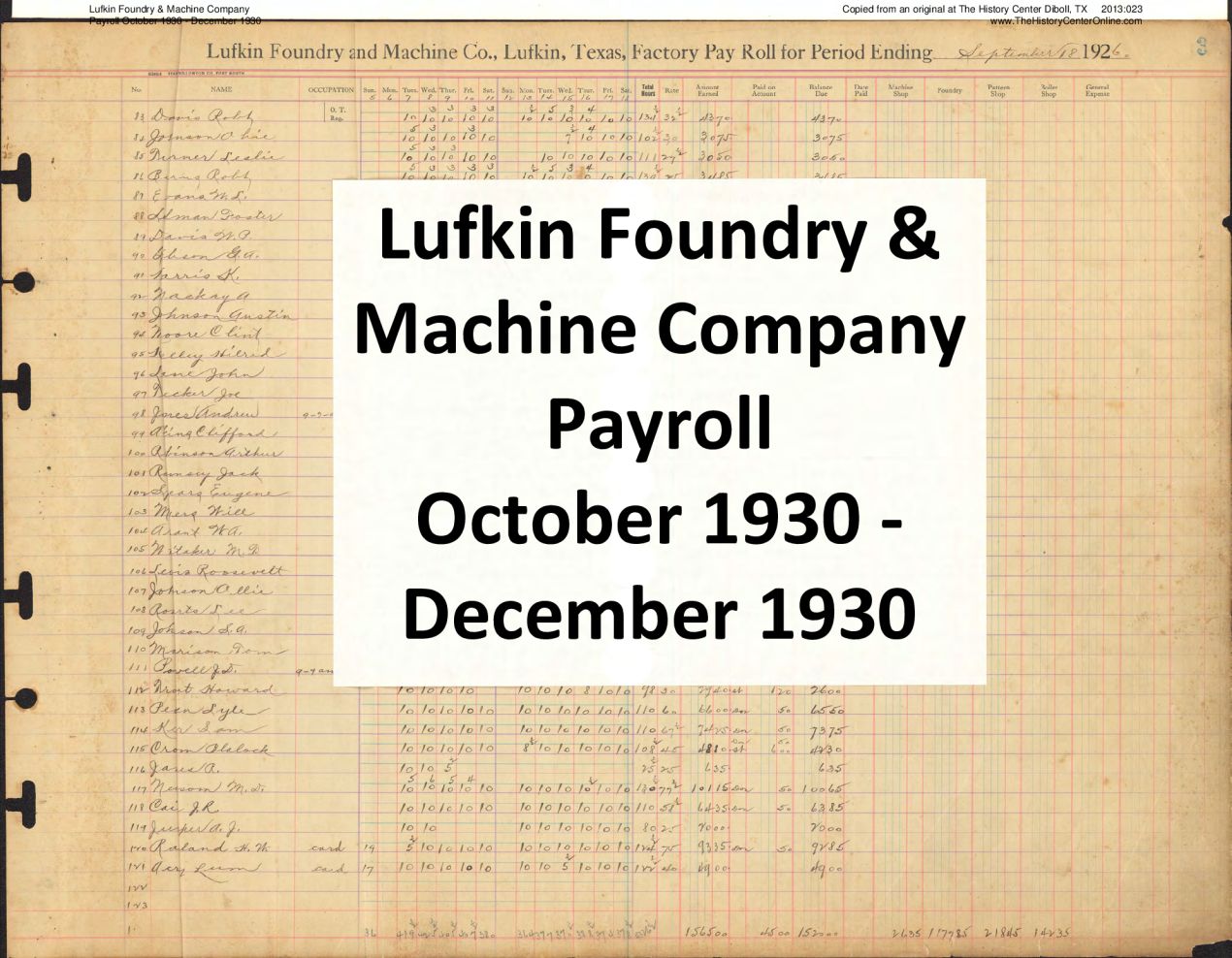 30 Lufkin Foundry & Machine Company Payroll October 1930 - December 1930