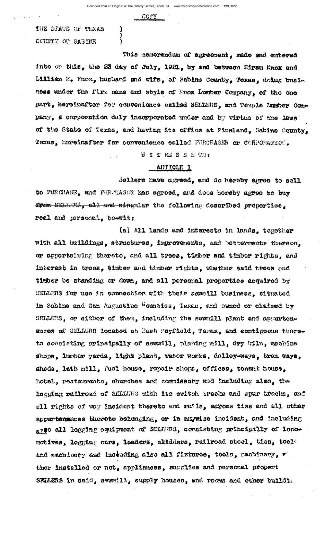 Sale of Knox Lumber Company and Lufkin, Hemphill and Gulf Railway Company to Temple Lumber Company,