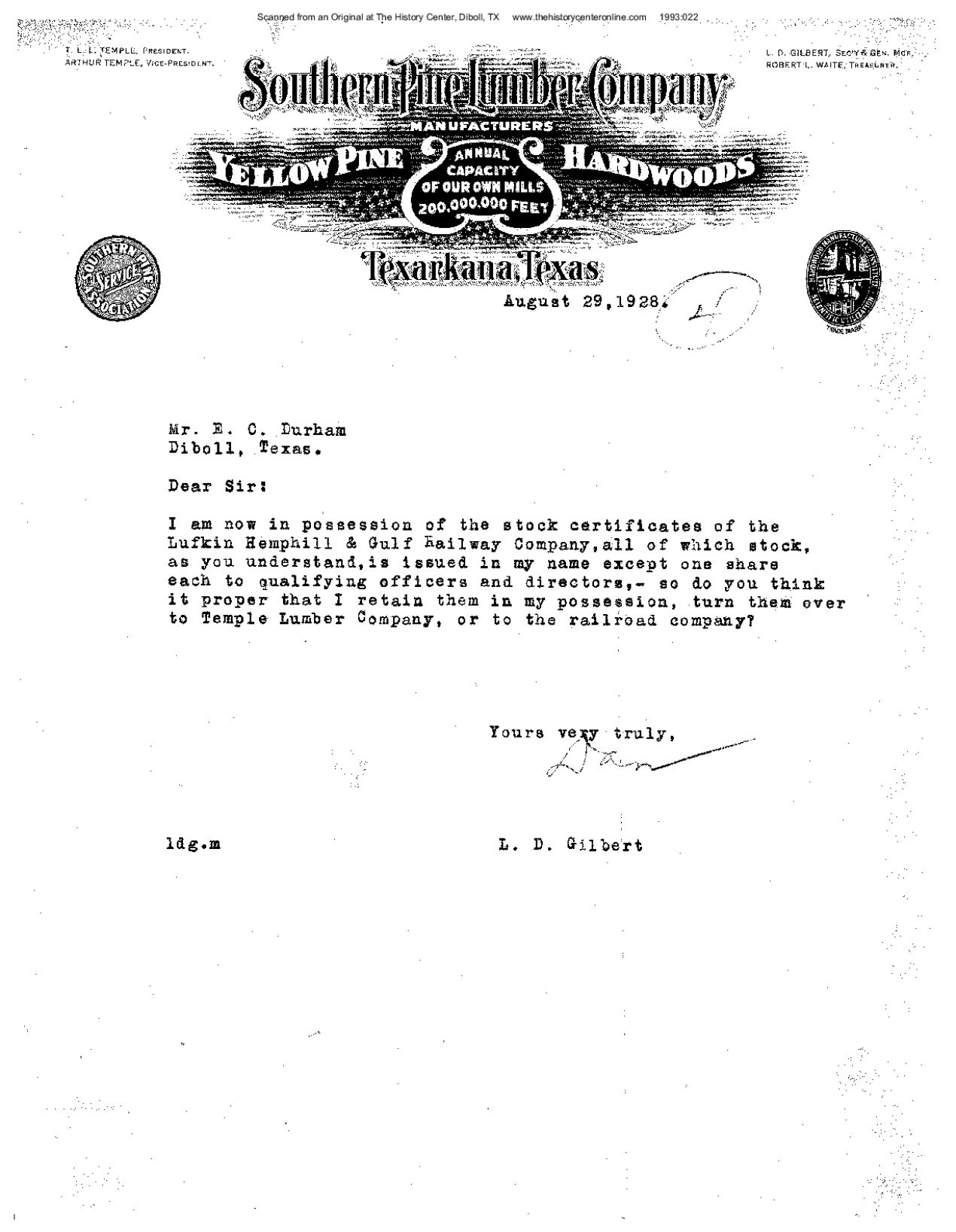 Transfer of Lufkin, Hemphill and Gulf Railway Company stock to Temple Lumber Company Stockholders, 1