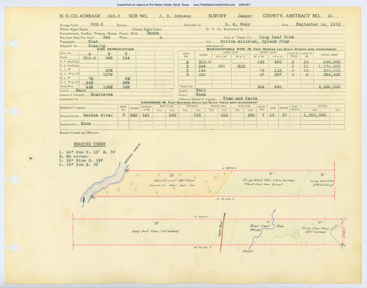 0020 Abstract 21, Johnson Survey, 922 acres, front and back, Jasper County